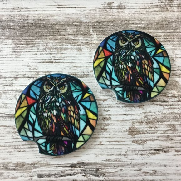 Owl Faux Stained Glass Car Coasters - Set of 2 - Picture 5 of 7